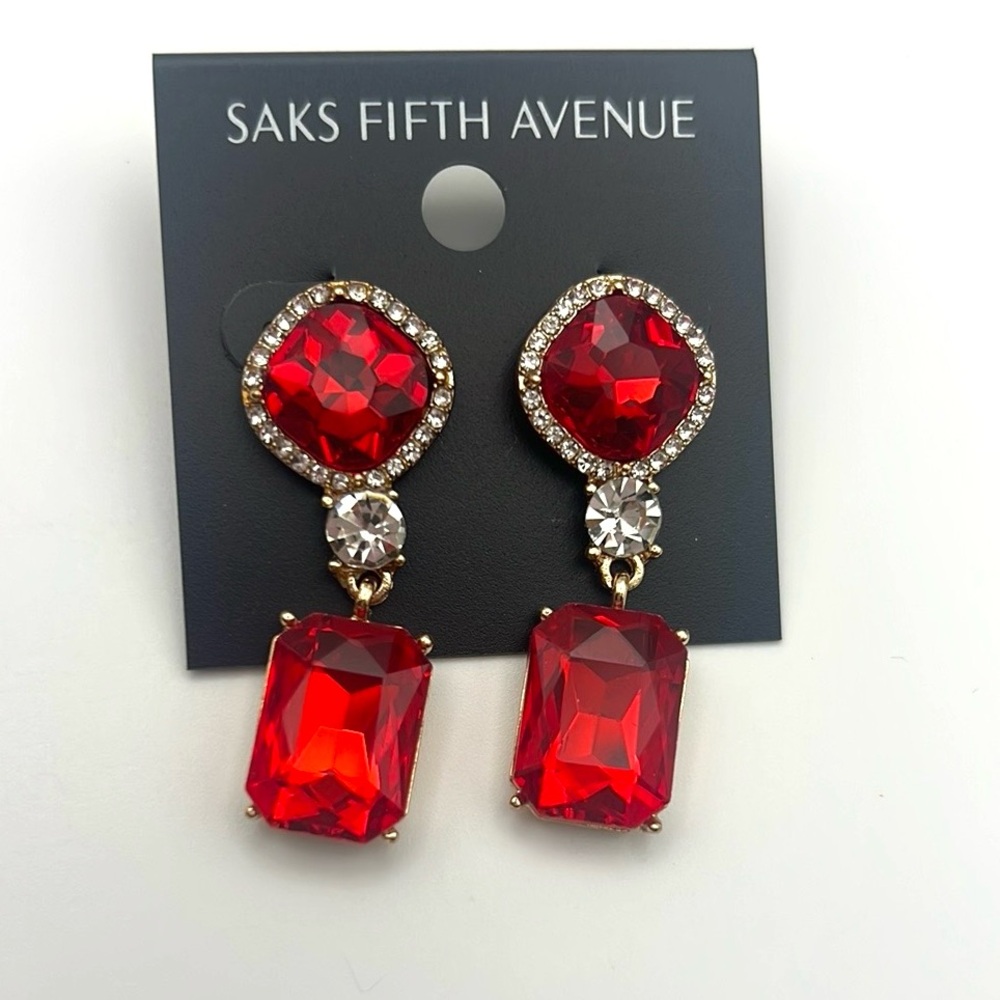 Saks Fifth Avenue Red Crystal Earrings with Silver Accents